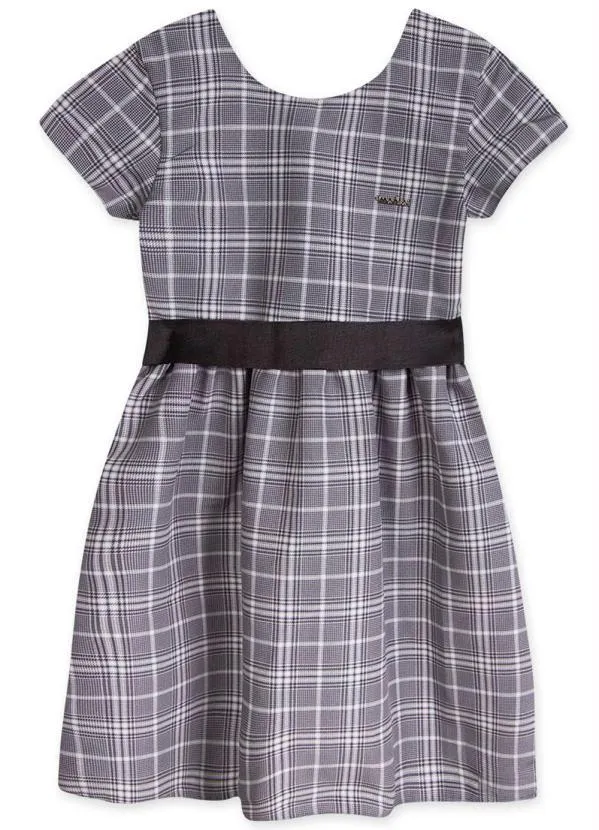 Marisol - Vestido Xadrez Manga Curta Infantil Cinza