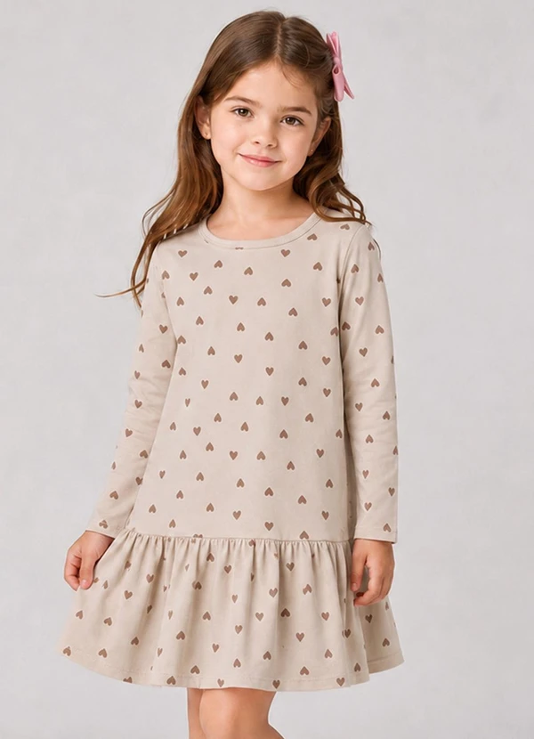 Select - Vestido Infantil Manga Longa Estampado Bege