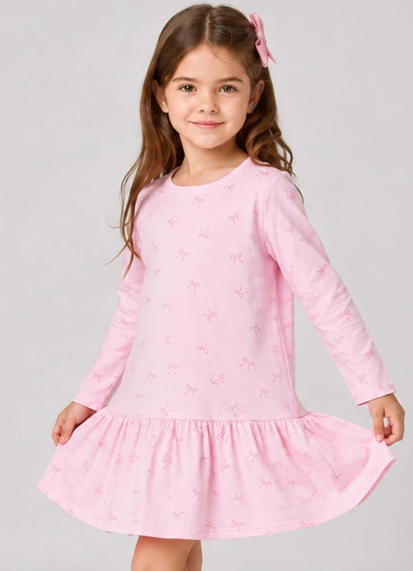 Select - Vestido Infantil Manga Longa Estampado Rosa
