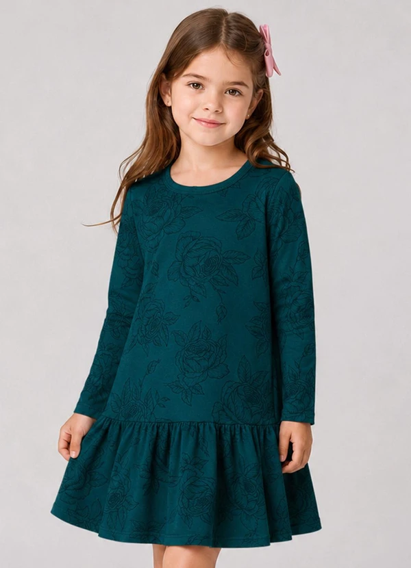 Select - Vestido Infantil Manga Longa Estampado Verde
