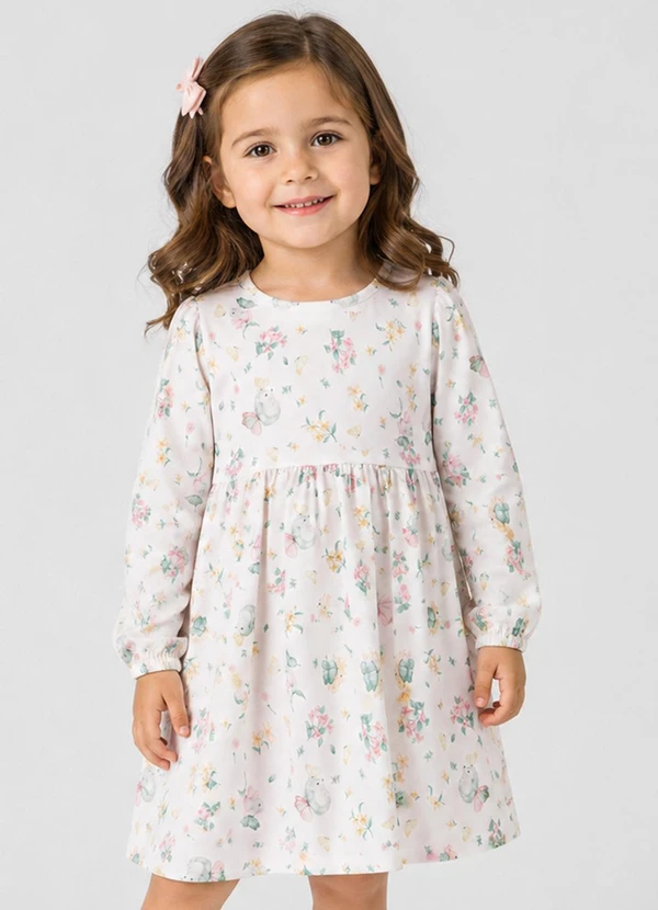 Select - Vestido Infantil Moletinho Flufy Estampado Bege