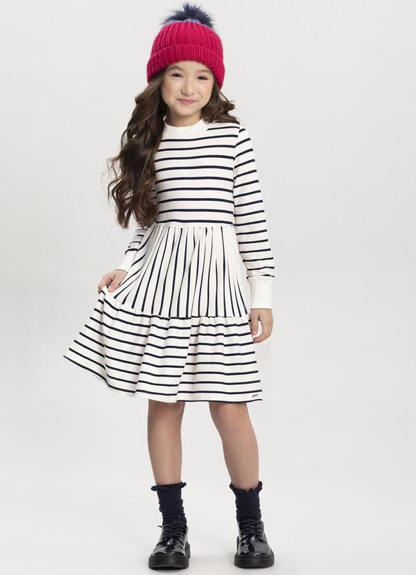 Alakazoo - Vestido Listrado em Malha Sarja Azul