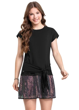 Vestido Juvenil em Meia Malha e Paetê Gloss Preto - GLOSS