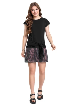 Vestido Juvenil em Meia Malha e Paetê Gloss Preto - GLOSS