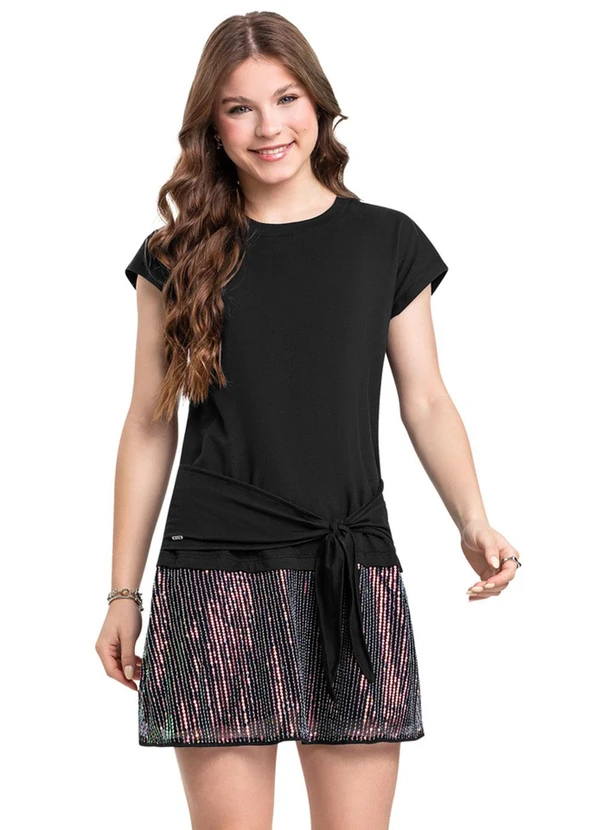 Gloss - Vestido Juvenil em Meia Malha e Paetê Gloss Preto