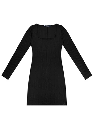 Minty - Vestido Juvenil Manga Longa em Ribana Preto - MINTY