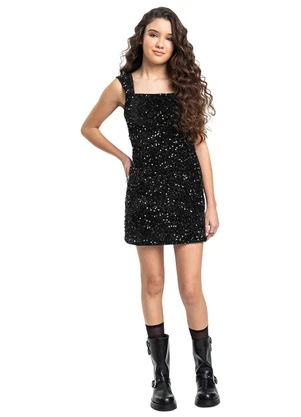 Gloss - Vestido Juvenil Veludo Paetê Forrado Preto - GLOSS