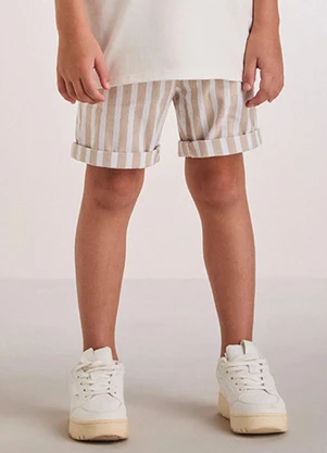 Youccie - Bermuda Bege Listrada com Cadarço Marrom - YOUCCIE