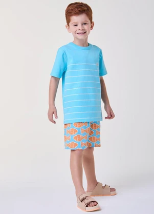 Bimbi - Bermuda de Tactel com Estampa de Peixes Azul - BIMBI