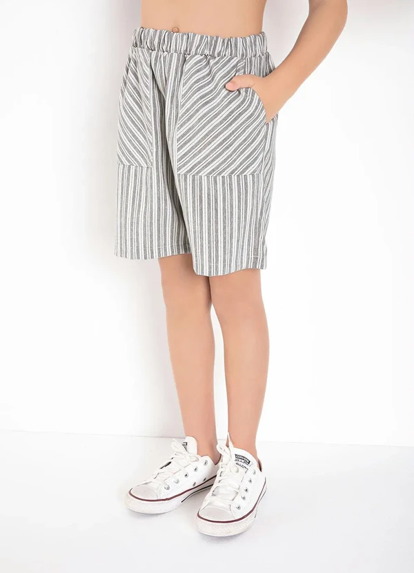 Queima Estoque - Bermuda Infantil Listras Cinza com Bolsos 3