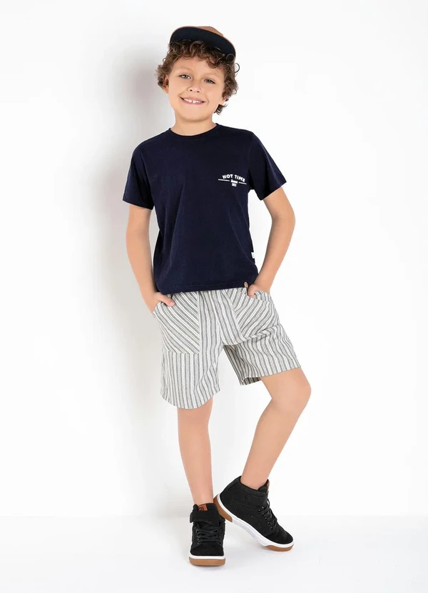 Queima Estoque - Bermuda Infantil Listras Cinza com Bolsos 6