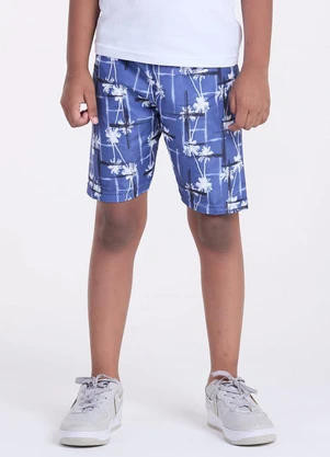 Vida Costeira - Bermuda Infantil Tactel Coqueiros Azul - VIDA COSTEIRA