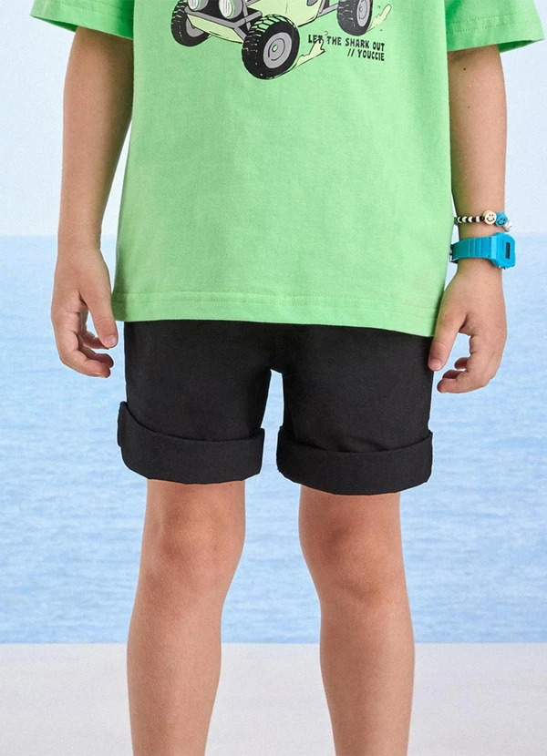 Youccie - Bermuda Preta de Sarja com Cadarço Preto