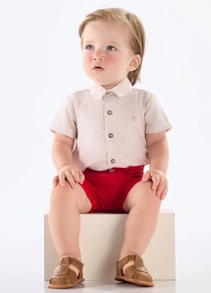 Up Baby - Body Camisa Bebê Menino Algodão Linho Bege - UP BABY