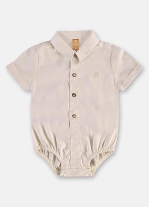 Up Baby - Body Camisa Bebê Menino Algodão Linho Bege - UP BABY