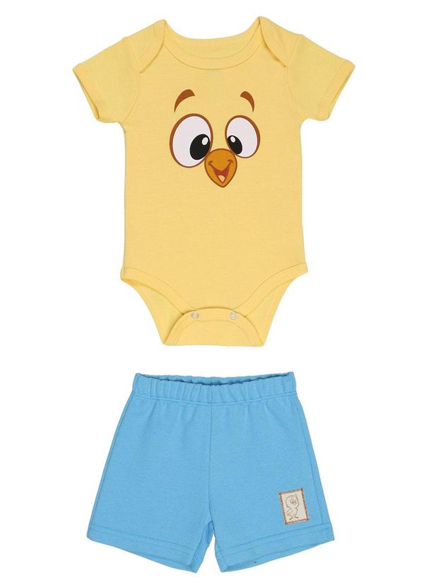 Galinha Pintadinha - Body em Ribana 1x1 Shorts Moletinho Amarelo
