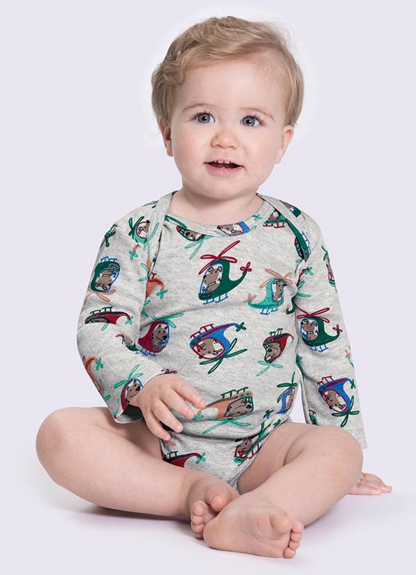 Alakazoo - Body Infantil Menino Manga Longa Estampado Cinza