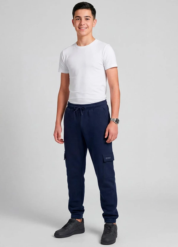 Minty - Calça Juvenil Moletom Peluciado Cargo Azul 3