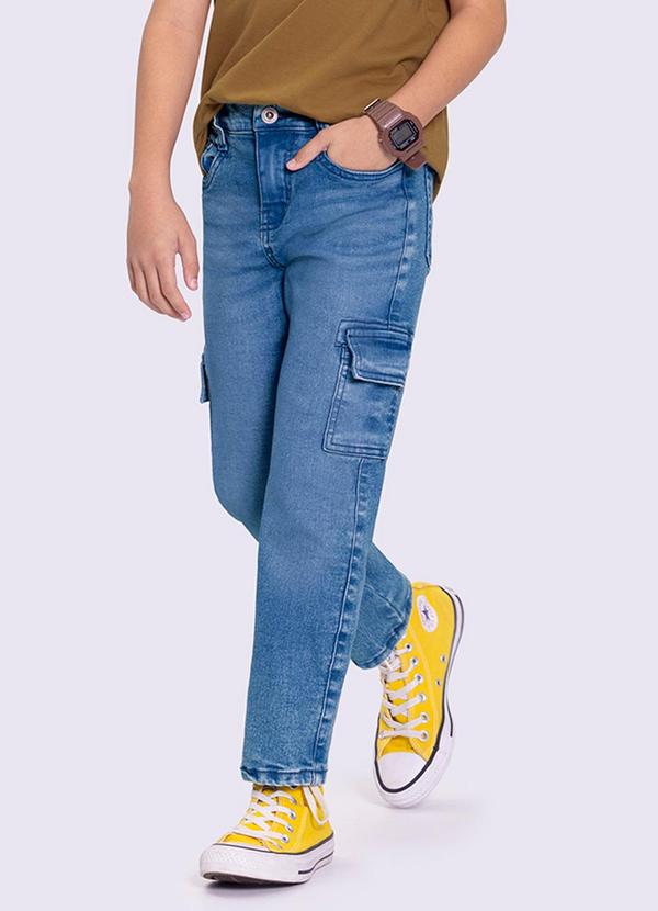 Alakazoo - Calça Jeans Jogger Infantil com Bolso Cargo Azul
