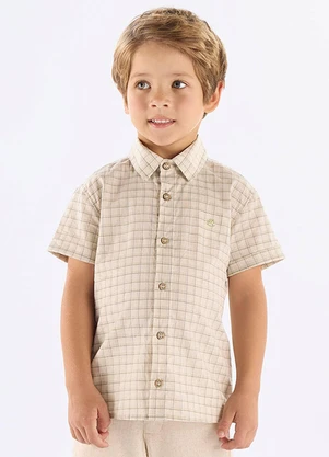 Camisa Algodão Linho Xadrez Up Baby Bege - UP BABY