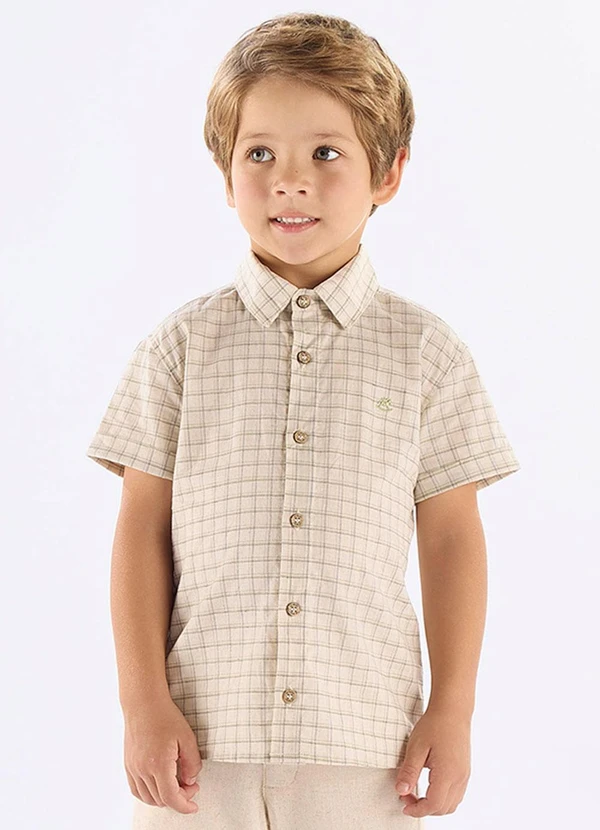 Up Baby - Camisa Algodão Linho Xadrez Up Baby Bege