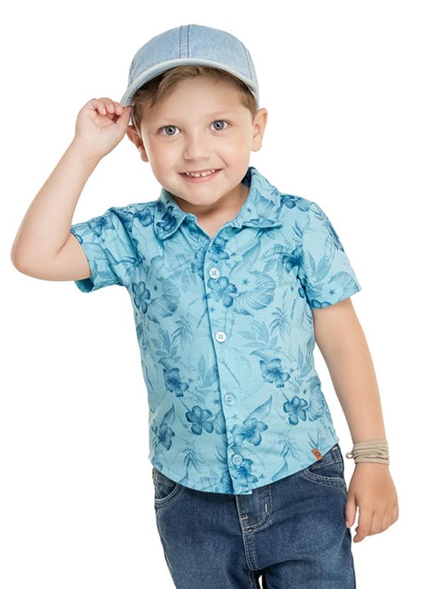Alenice - Camisa Flame com Estampa Floral Menino Azul