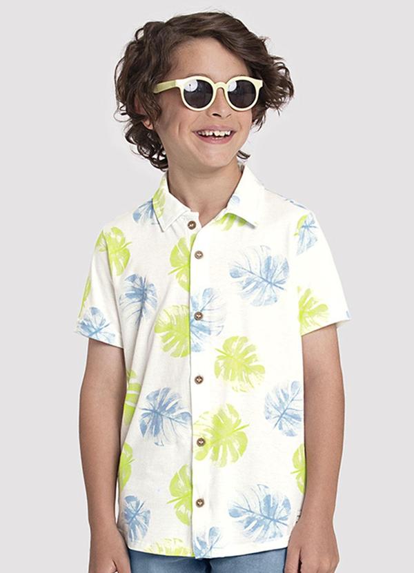 Alakazoo - Camisa Infantil Menino com Estampa Folhas Branca