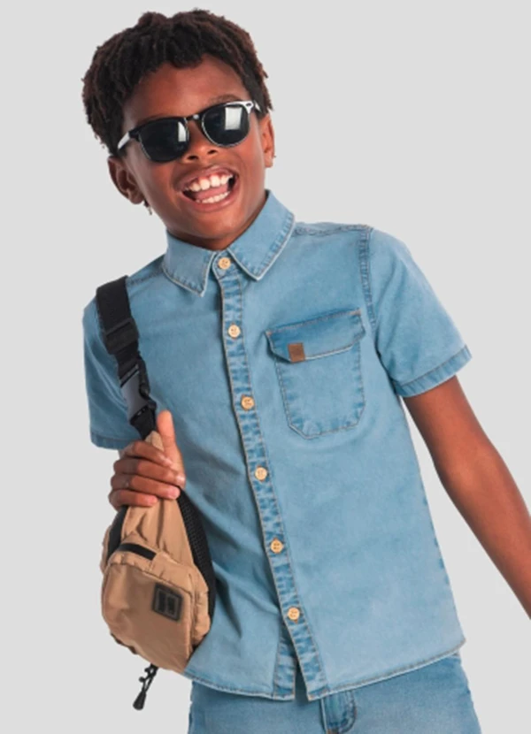Brandili - Camisa Infantil Menino em Jeans Azul