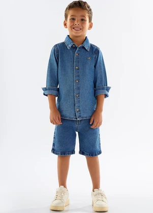 Up Baby - Camisa Infantil para Menino em Jeans Azul - UP BABY