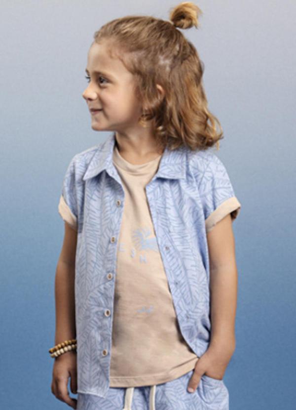 Ioluig - Camisa Infantil Tecido Plano Folhagens Azul