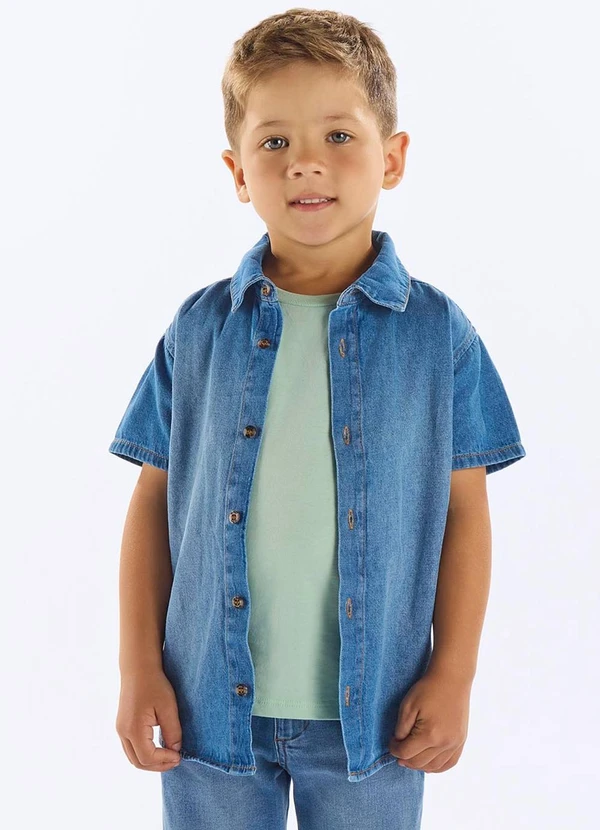 Up Baby - Camisa Jeans Manga Curta Infantil Azul