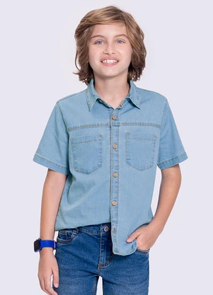 Alakazoo - Camisa Jeans Menino com Manga Curta Azul - ALAKAZOO