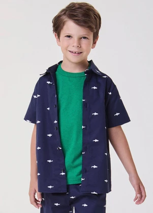 Bimbi - Camisa Manga Curta Marinho com Tubarões Marinho - BIMBI