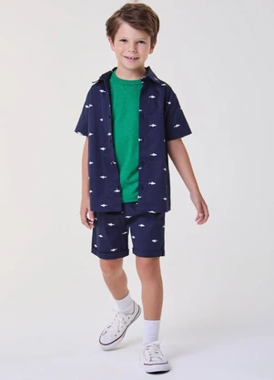 Bimbi - Camisa Manga Curta Marinho com Tubarões Marinho - BIMBI