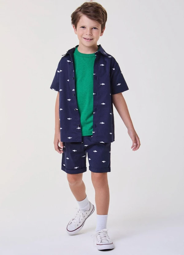 Bimbi - Camisa Manga Curta Marinho com Tubarões Marinho 2