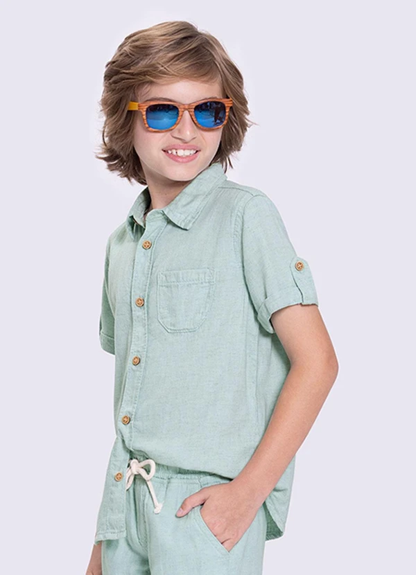 Alakazoo - Camisa Manga Curta Menino em Linho Verde