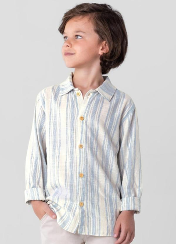 Brandili Mundi - Camisa Manga Longa Menino em Tricoline Azul