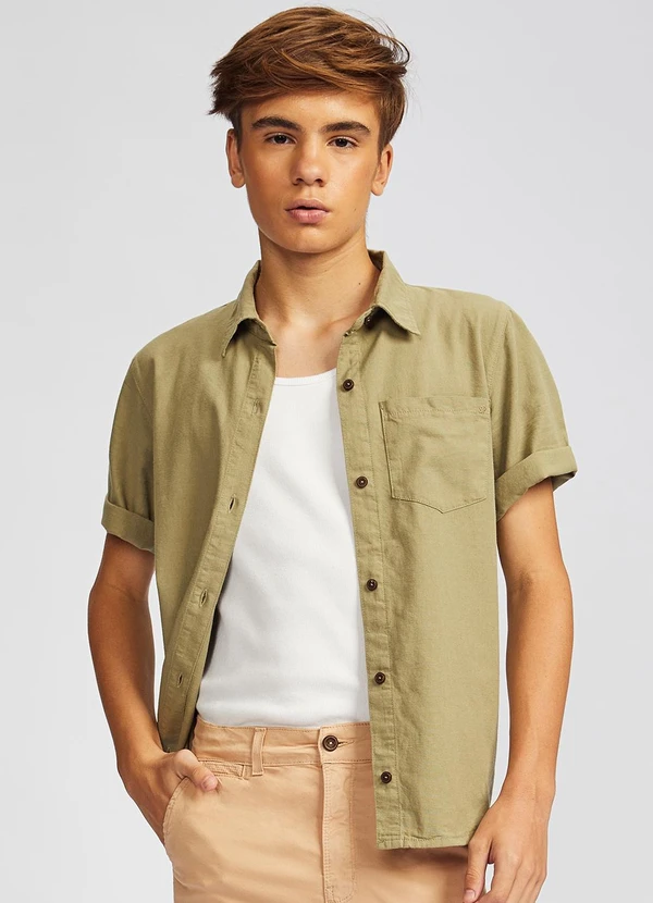 Queima Estoque - Camisa Sarja Juvenil Masculina Manga Curta Verde