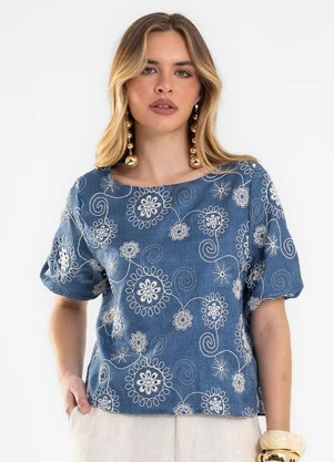 Rovitex - Blusa Feminina Bordada em Poly Azul - ROVITEX