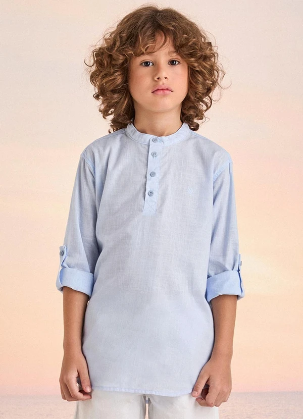 Youccie - Camisa Azul com Manga Mandarim Azul