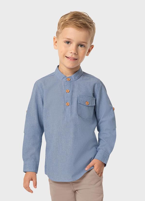 Carinhoso - Camisa Azul Listrada com Bordado Menino