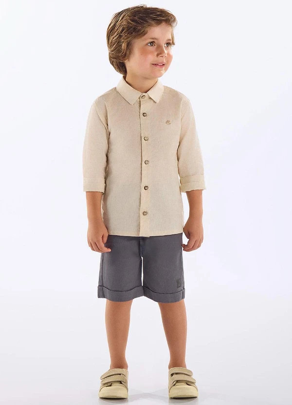 Up Baby - Camisa Infantil Linho e Algodão Bege 3