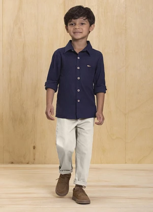 Ioluig - Camisa Infantil Manga Longa em Tricoline Azul - IOLUIG