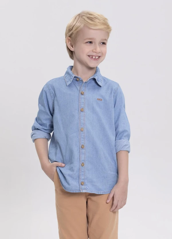 Alakazoo - Camisa Jeans de Mangas Longas com Bordado Azul