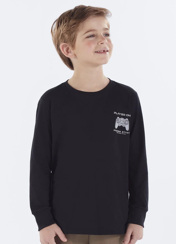 Pulla Bulla - Camiseta Infantil Menino Meia Malha Preto