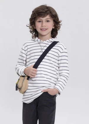 Alakazoo - Camiseta Listrada com Bordado e Capuz Cinza - ALAKAZOO