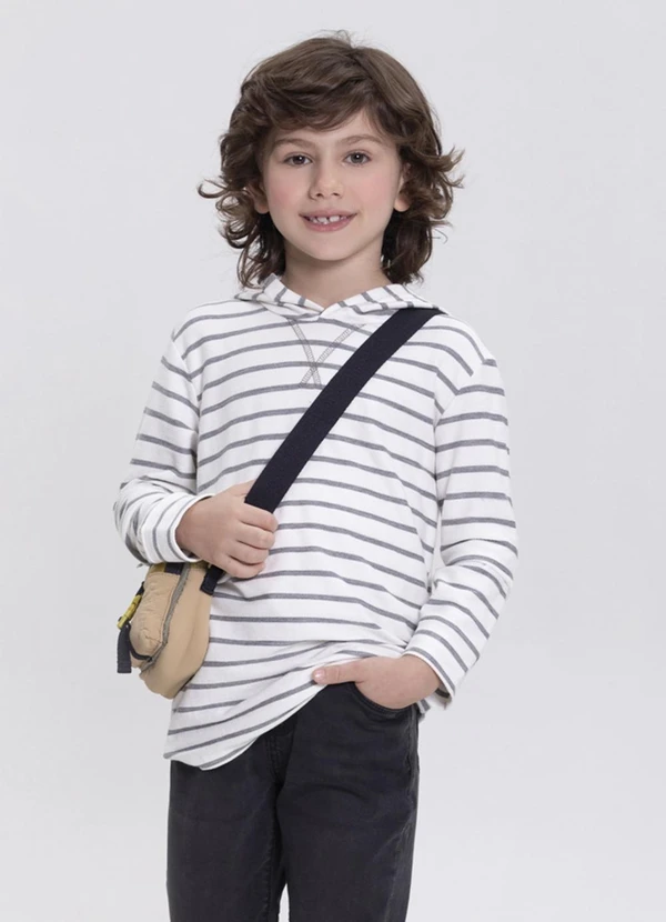 Alakazoo - Camiseta Listrada com Bordado e Capuz Cinza