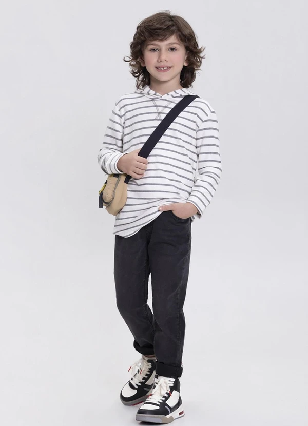 Alakazoo - Camiseta Listrada com Bordado e Capuz Cinza 2