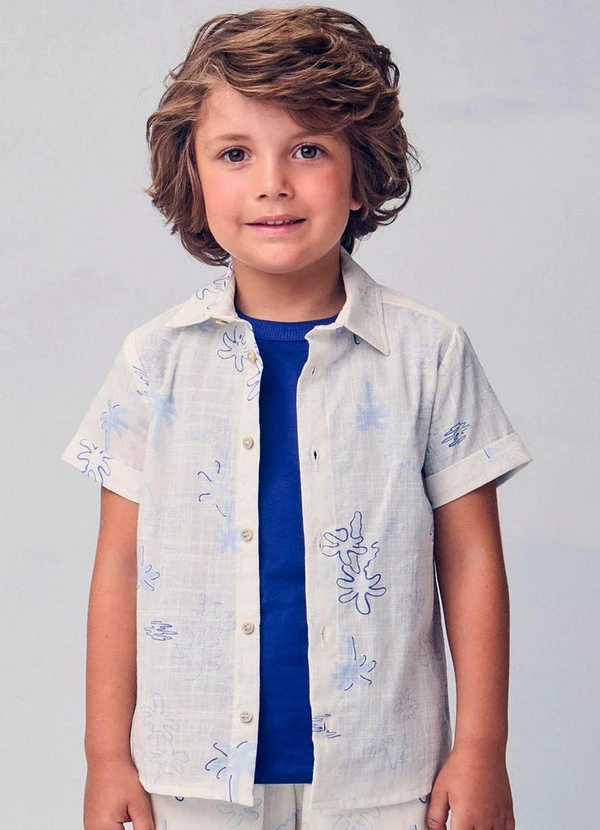Youccie - Camisa Resort Infantil com Palmeiras Branco