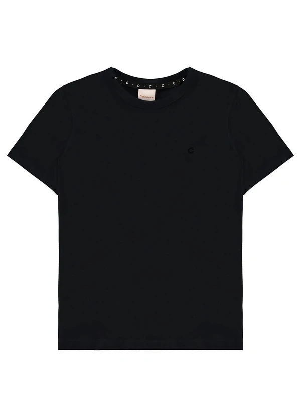 Carinhoso - Camiseta em Malha com Bordado Preto